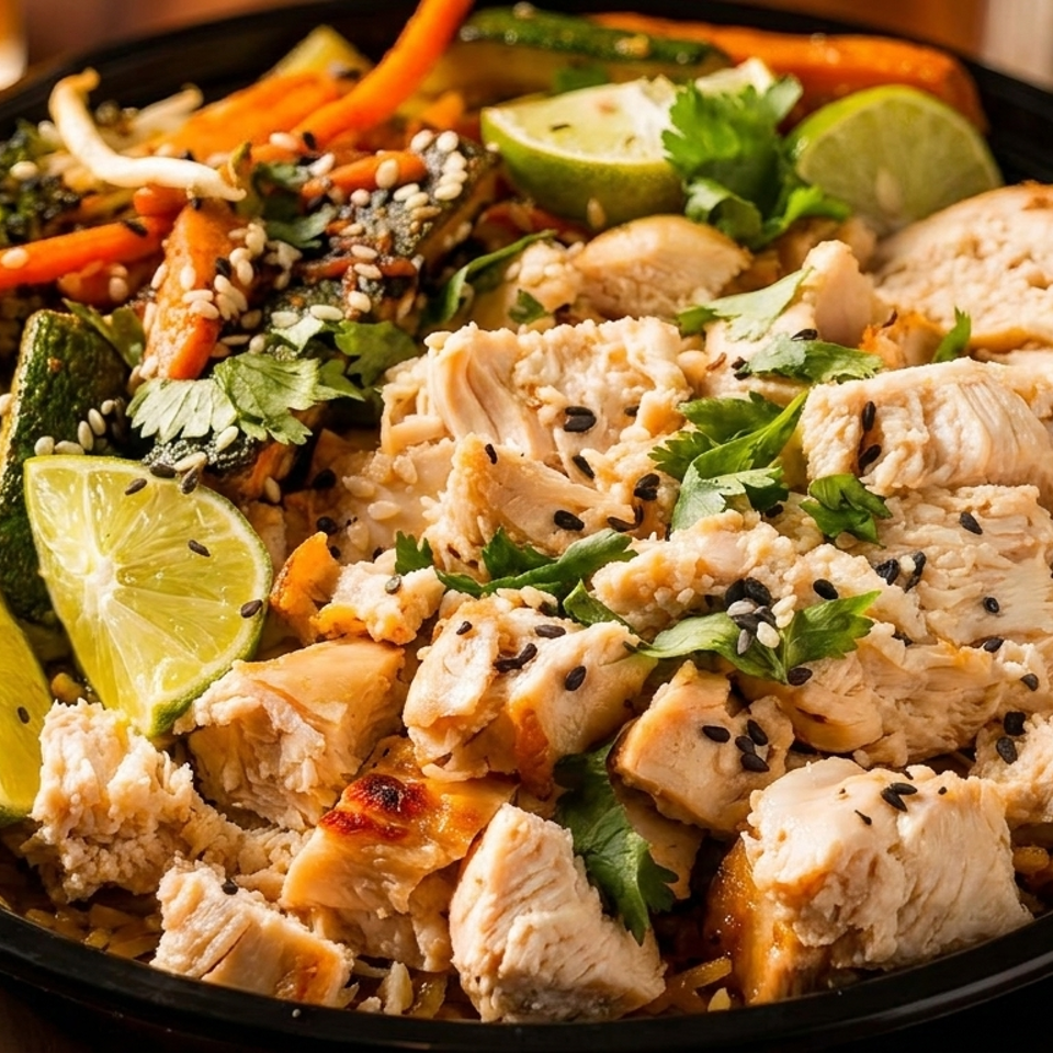 Chicken and vegetable rice bowl with lime wedges, sesame seeds, and cilantro.