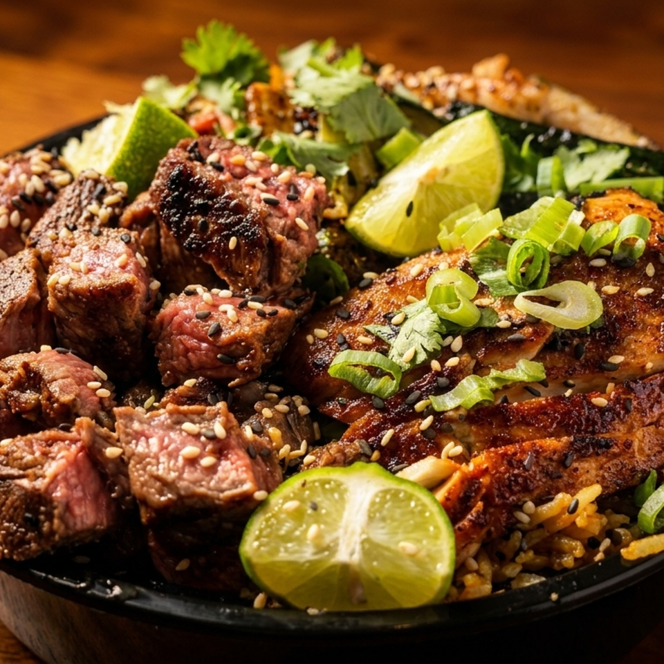 A bowl of grilled steak and chicken, garnished with lime, green onions, and sesame seeds.