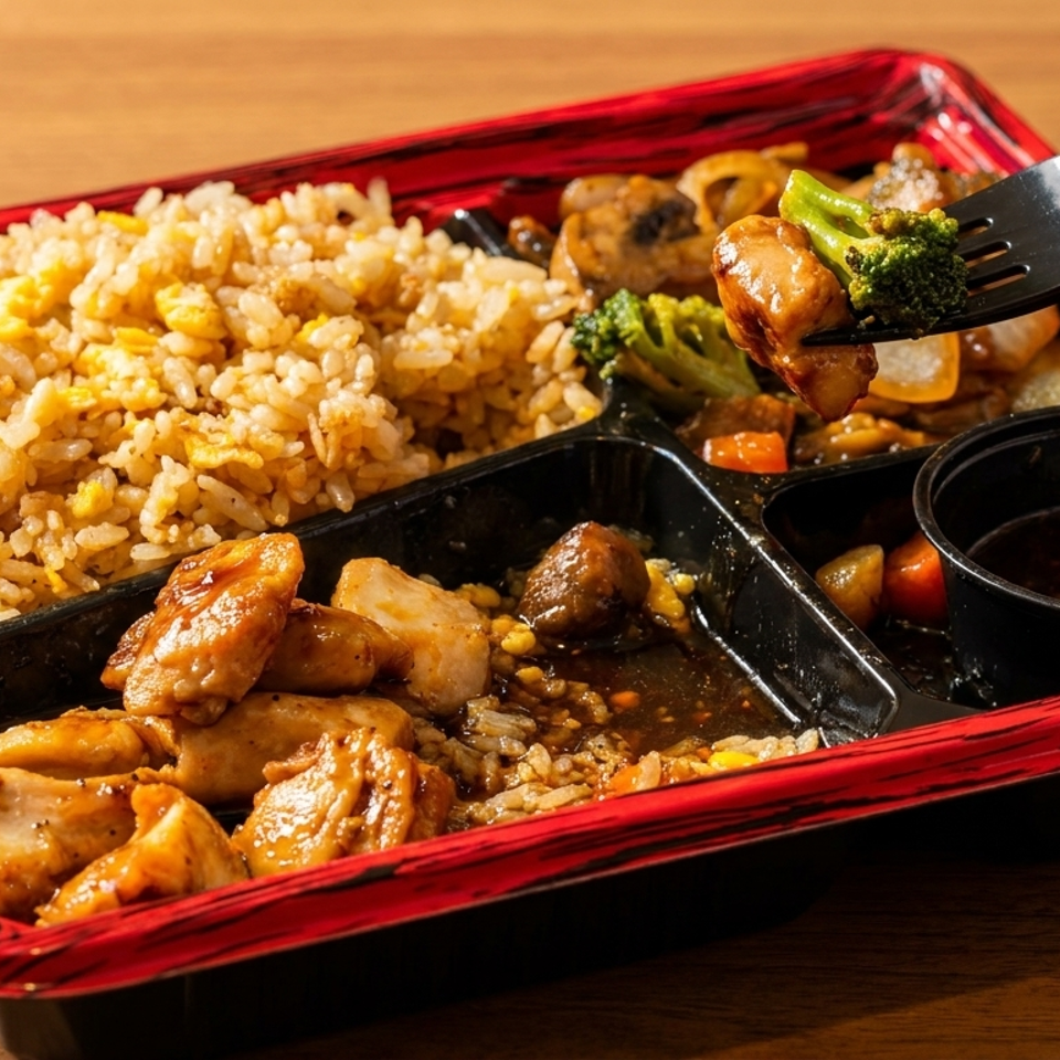 A bento box with fried rice, chicken, broccoli, and dipping sauce, with a fork lifting food.