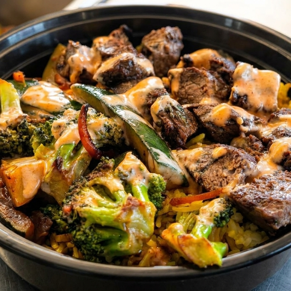 Close-up of a takeout bowl filled with steak, broccoli, zucchini, and rice, drizzled with sauce.