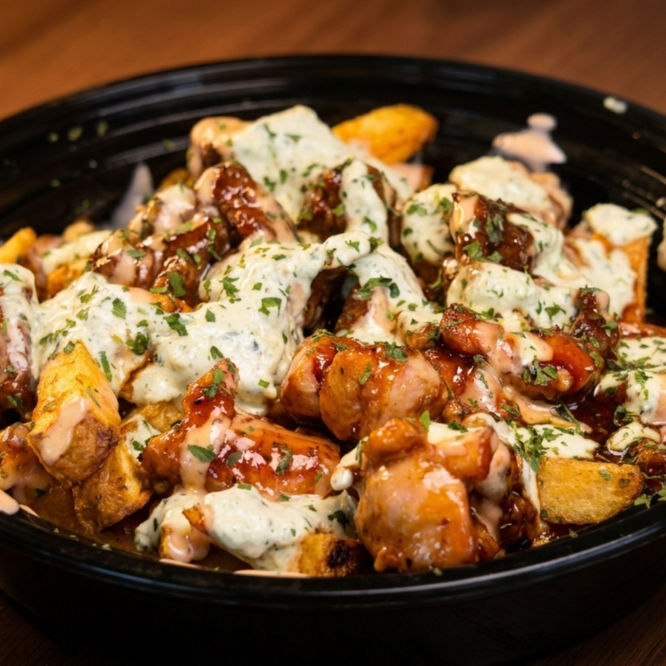 Loaded fries topped with chicken, creamy white sauce, and green herbs in a black bowl.